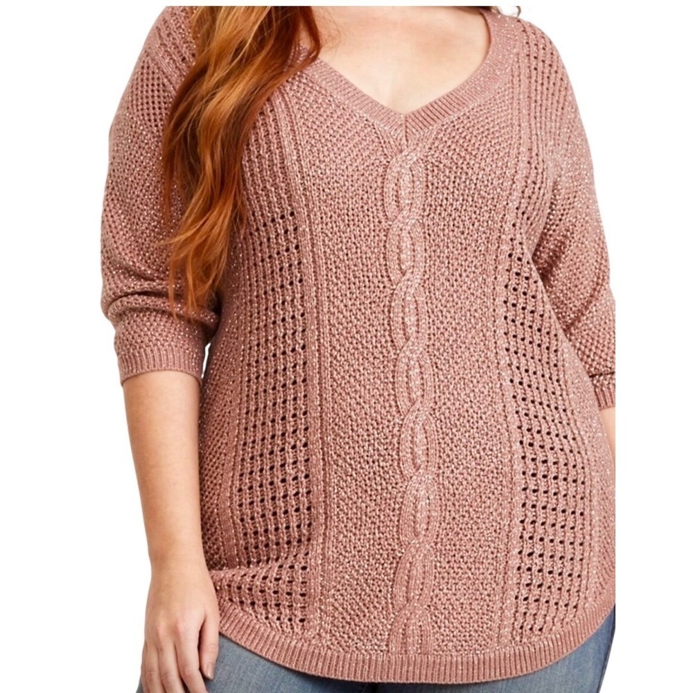 Torrid Sweater Mauve Pink Metallic Cable Knit V-Neck Short Sleeve Wool Blend Top